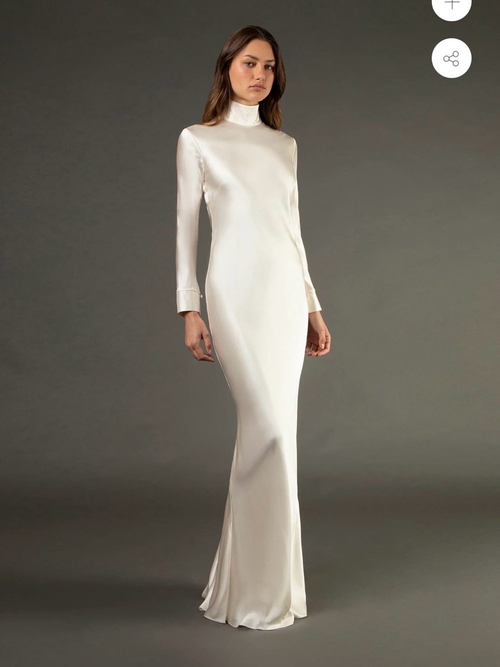 High-Neck Long Sleeve Satin Gown in Ivory